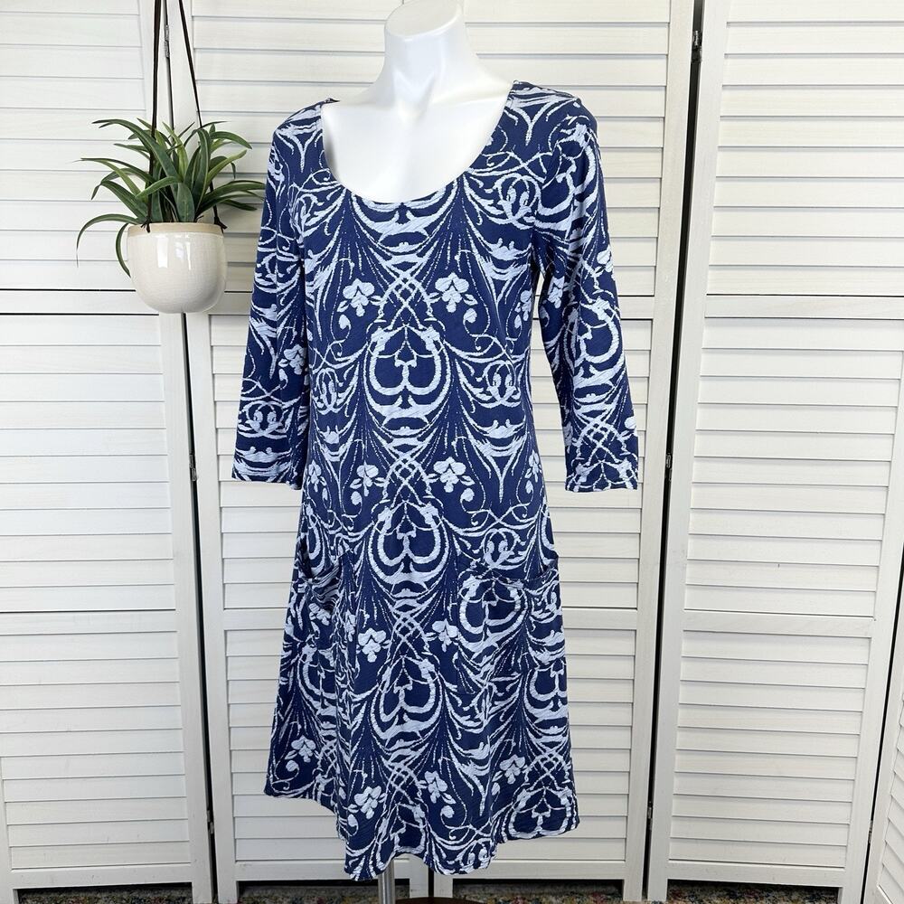 Fresh Produce Dalia Dress Blue Riviera 3/4 Sleeve A Line Pockets Womens Size S‎